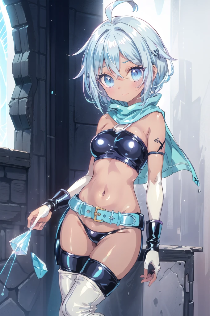 1girl,solo,cowboy shot,standing,(pastel blue hair:1.6),short hair,straight hair,(hairclip:1.2),(purple eyes:1.2),(dark skin:1.5),(beautiful fingers:1.4),(perfect anatomy:1.6),(arms_behind_back:1.6),(cold_shoulder:1.2),(pastel blue china clothes:1.6),(pastel blue leotard:1.3),(leather lace glossy silk lamé:1.6),(latex luster shiny glossy metallic:1.6),(shiny_clothes:1.6),(medium breasts),beautiful breasts,masterpiece,best quality,(Ultra high definition eyes:1.2),8k,(Beautiful detailed eyes:1.2),(Fine and beautiful eyes:1.2),(pretty eyes:1.2),finely detail,extremely CG, absurdres,high resolution,illustration,Detailed and beautiful outlines,finely detail,high resolution,(colorful refraction:1.4,Increase saturation:1.2),beautiful lighting,dynamic lighting,closed room,black background,simple background, smile,looking at viewer,white bikini, o-ring top, blue capelet, blue belt, fingerless gloves, arm bandages, asymmetrical legwear, single thighhigh, vertical striped thighhighs, thigh strap,(pastel blue thigh boots:1.4)