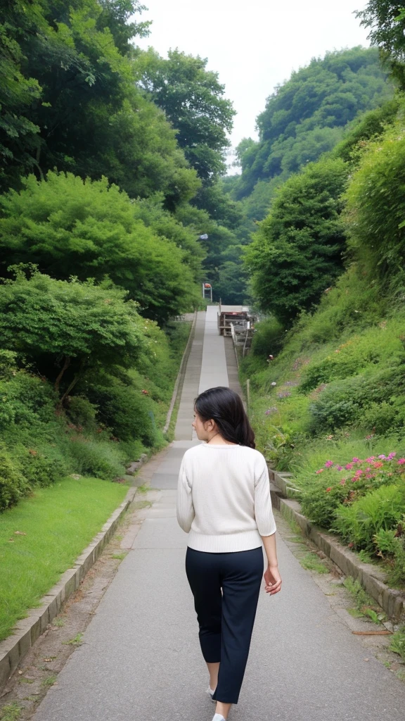 Japanese Garden,good、highest quality,Japanese ,Realistic characters, shape, Very detailed, finely, High resolution, Finely beautiful eyes,, Center of chest, Natural color lip, Wearing a short-sleeved crew neck summer knit,60-year-old 、A painful expression、Cloudy、The wind is blowing、Hair is stiff、Walking straight down a country road、Back view、Turning around、Turning around顔、Show your face here、Bust up images、