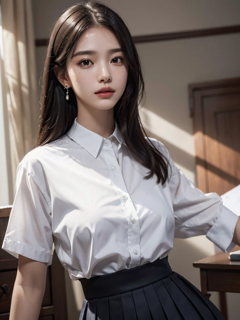 absurdres, RAW photo, extremely delicate and beautiful, masterpiece, Best Quality, ultra high resolution, 32k, hyperrealistic, ultra-detailed, perfect anatomy, super Detailed skin, perfect figure, Super Beauty, Perfect Style, Perfect balance, Beautiful Lighting, Perfect Lightning, Realistic Shadows, 20 years old, very Slim body, narrow waist, very small head, very small face, delicate facial features, handsome detailed woman, very detailed eyes and face, realistic face proportions, Realistic beautiful face, Realistic beautiful eyes, tearful mole, earring, very huge round breasts, legs, medium hair, whole body shot, indoor, school_uniform, dress shirt, pleated skirt,