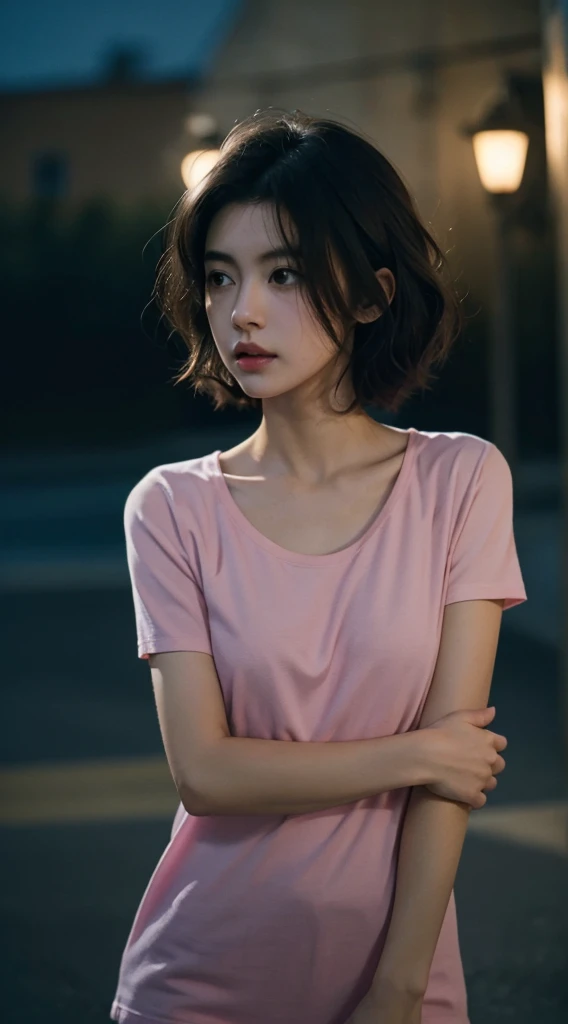 Best quality, masterpiece, Ultra-high resolution, (Realistically:1.6), RAW photos, 1 Girl, Shoulder, In the dark of night, Dark Shadows, Low profile, Cold Light,Looking at the camera, Sexy look, Short and delicate hair,Pink short sleeves