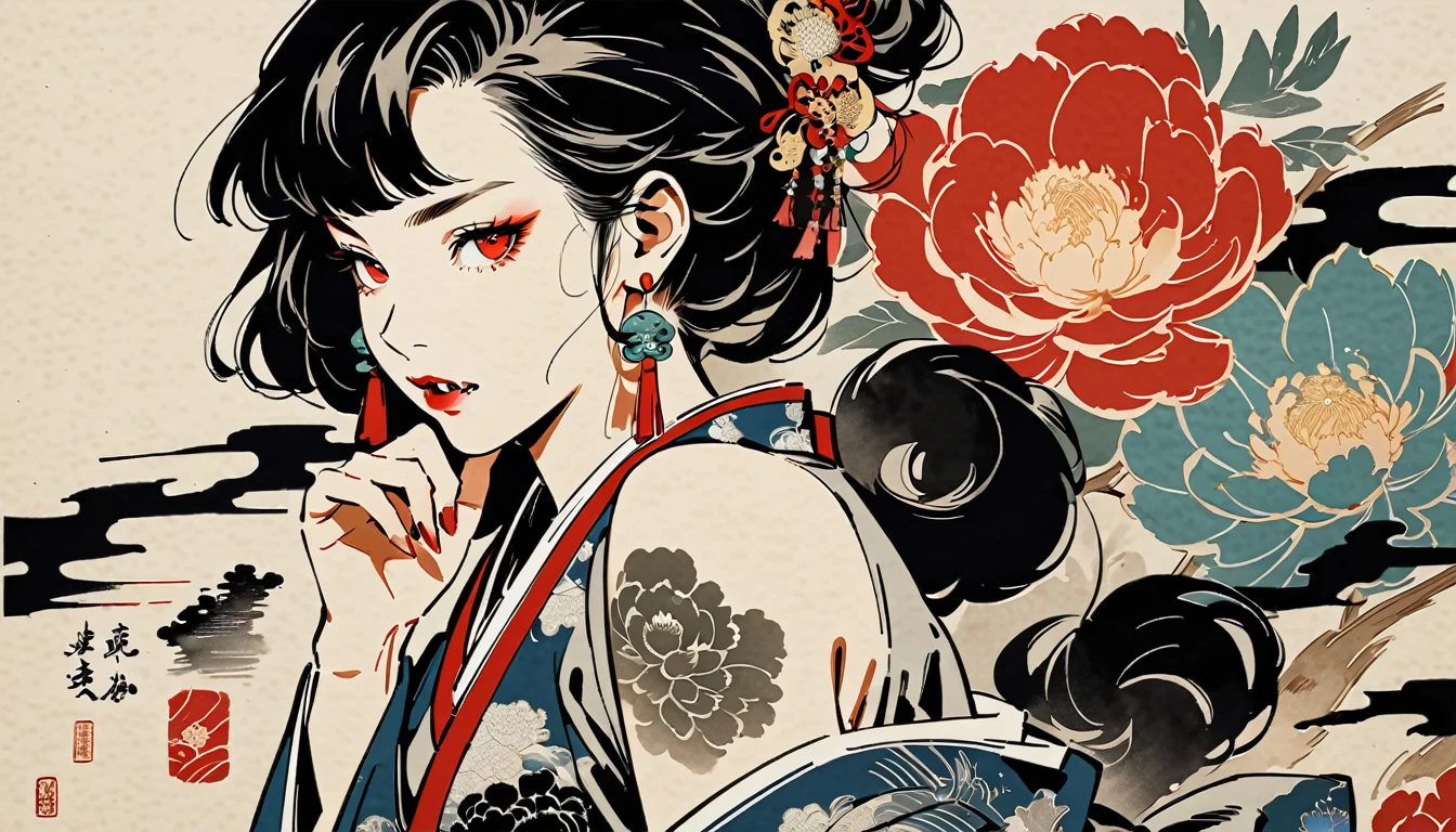 Red eyes, Baring his fangs, Ink Painting, peony, TATOO, Beautiful Japanese Woman, Delicate and precise, Thor, Modern ukiyo-e style,