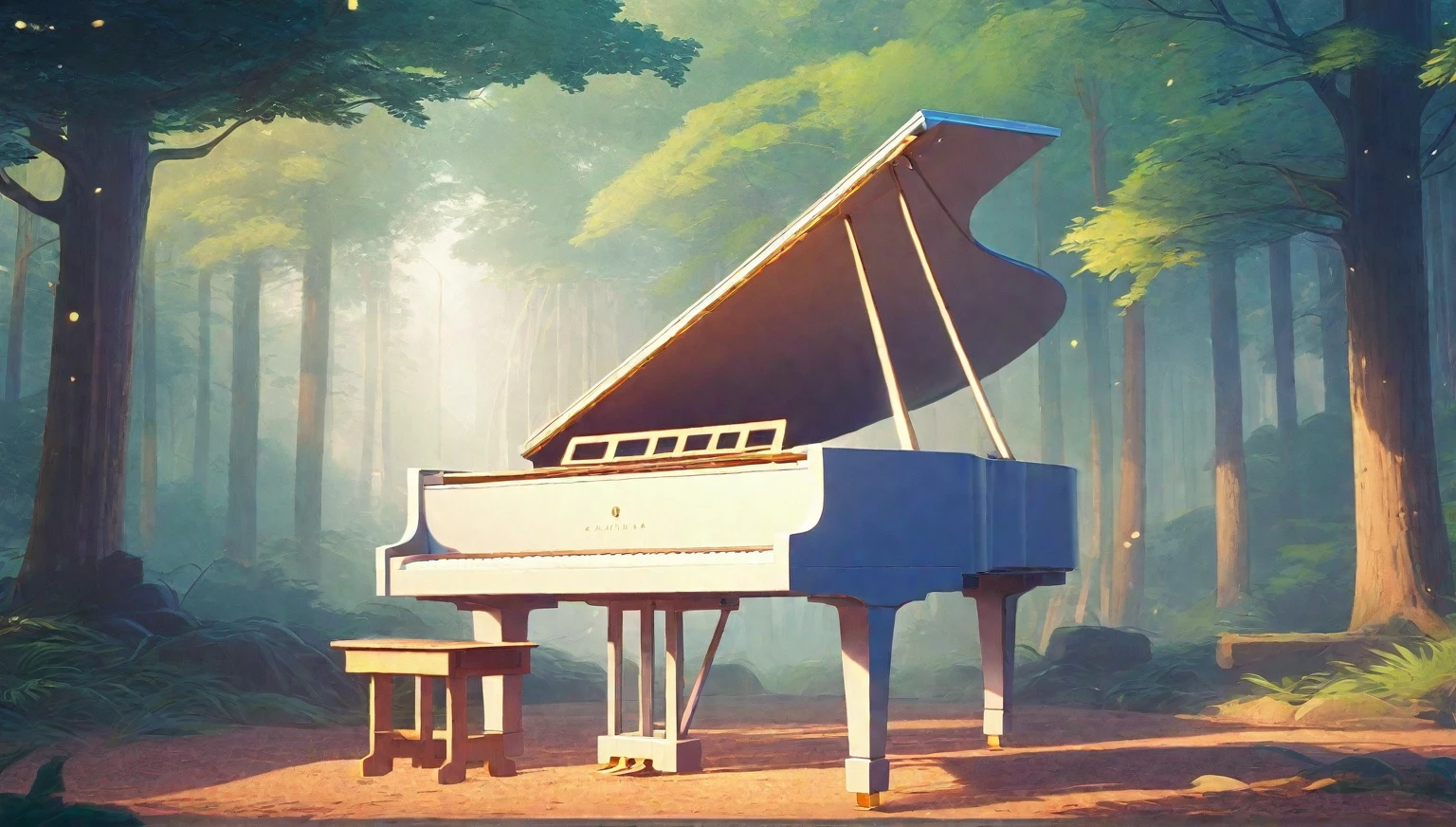 a close up of a piano in a forest with a bench, background artwork, anime art wallpaper 8 k, in style of atey ghailan, anime background art, ( ( makoto shinkai ) ), 8k high quality detailed art, anime art wallpaper 4 k, anime art wallpaper 4k, anime lush john 8k woods