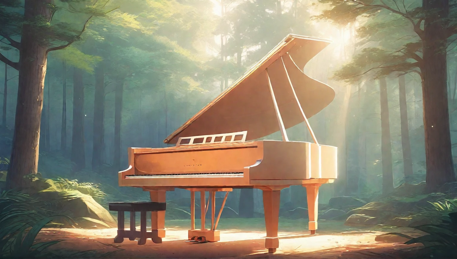 a close up of a piano in a forest with a bench, background artwork, anime art wallpaper 8 k, in style of atey ghailan, anime background art, ( ( makoto shinkai ) ), 8k high quality detailed art, anime art wallpaper 4 k, anime art wallpaper 4k, anime lush john 8k woods