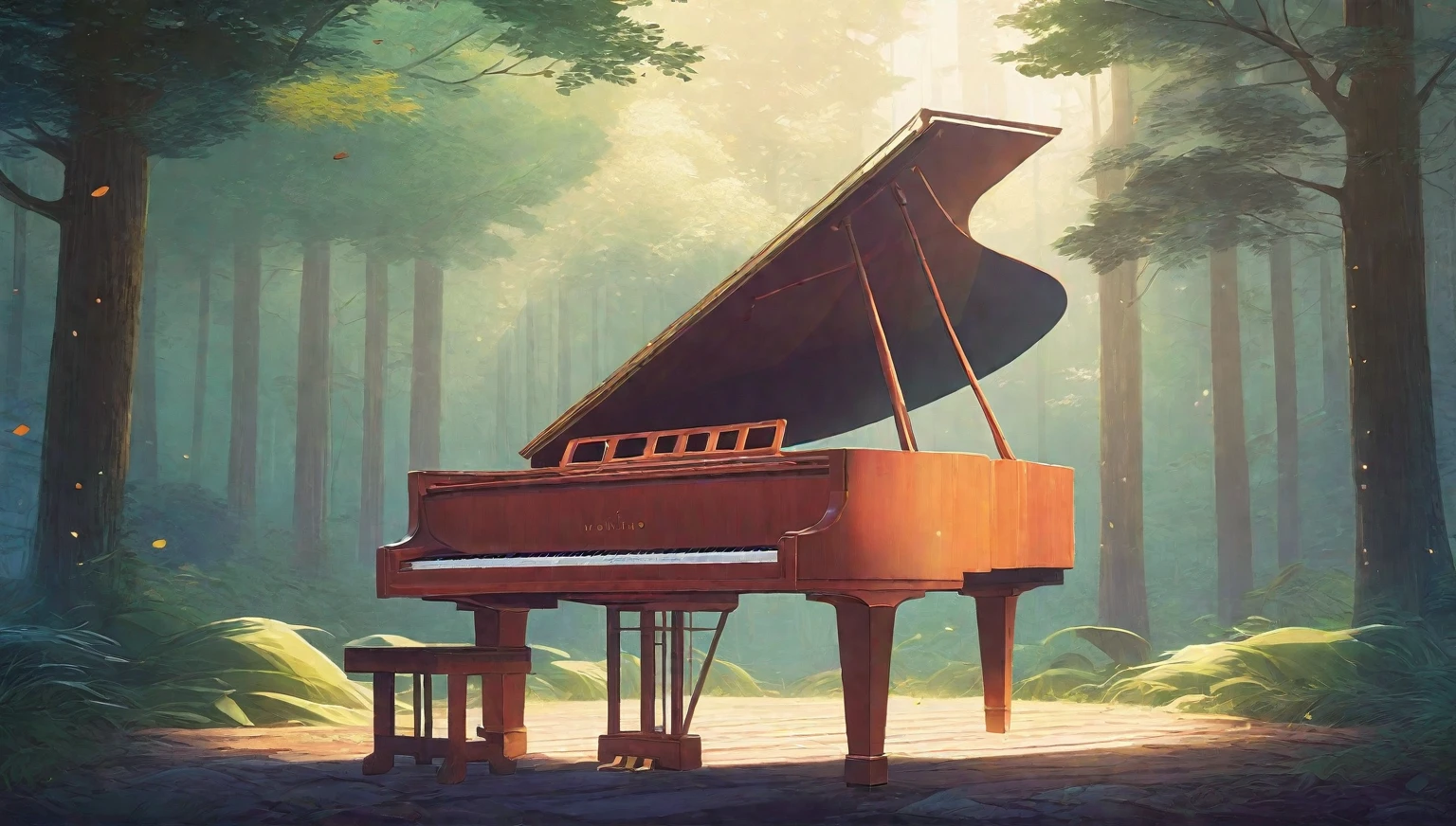 a close up of a piano in a forest with a bench, background artwork, anime art wallpaper 8 k, in style of atey ghailan, anime background art, ( ( makoto shinkai ) ), 8k high quality detailed art, anime art wallpaper 4 k, anime art wallpaper 4k, anime lush john 8k woods