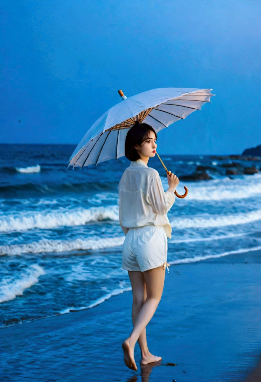 8k, Vivid picture quality, Vivid picture quality, long deserted beach, walking slowly from afar, Short hair, beautiful appearance, Model-like body, sunset의 붉은 빛, sunset, alone, afternoon, depressed, tide가 밀려온다, rain, medium size black umbrella, ocean, tide, wind, rain가 내리는, Short and slim Korean woman, tower, White shorts, rain가 내리는, walking on the beach with a black umbrella