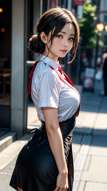 (8k, RAW Photos, 最high quality, masterpiece: 1.2), (Realistic, photoRealistic: 1.37), 1 A woman in a waitress uniform standing on the sidewalk, , Professional Lighting, Photon Mapping, , Italyのの女性, Torn, Sommelier、,Italy、Italy、Simple Wear、Simple Wear、Simple Wear、Simple Wear、 Ultra-compact uniform、,At a fine dining restaurant, 胸がbig、Incredibly beautiful face、masterpiece, 最high quality, high quality, High resolution, big , (Face close-up),working at a restaurant、Carrying tableware、Hair is tied、Updo、Playmate proportions、Erotic Waitress、Tie your hair tightly、Show as much skin as possible、、The ultimate revealing outfit、Slicked back hair、Infinite Strip、Slicked back hair、oh、Nipple poking stimulation、nipples tingling、Butt poking、Anal feels good、Anal orgasm、Buttocks strengthening campaign、