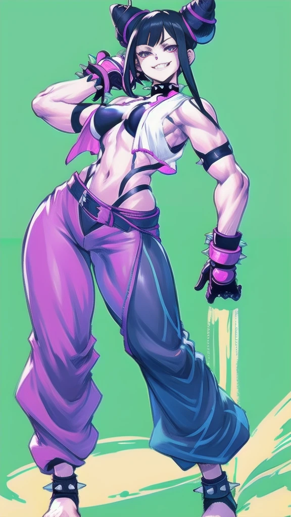 Full body image of Juri Han from Street Fighter 5, wearing her original outfit (black and purple clothes with spiked accents, barefoot with taped feet, and arm guards), short black hair styled in twin buns, female body, athletic and flexible body, dynamic pose, detailed pose, simple background, expressive face showing a mischievous grin, focus on face, line art, sketch