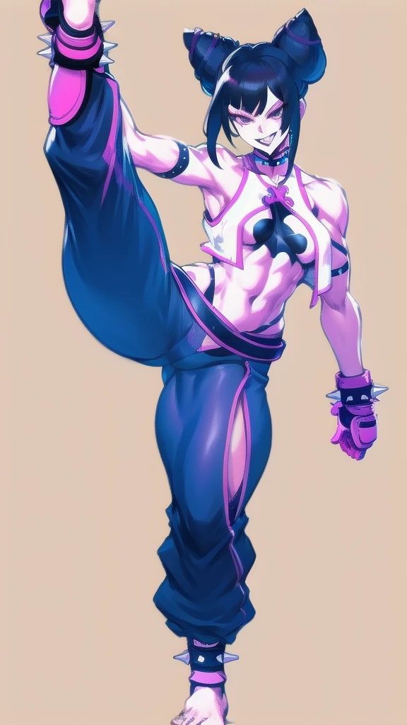 Full body image of Juri Han from Street Fighter 5, wearing her original outfit (black and purple clothes with spiked accents, barefoot with taped feet, and arm guards), short black hair styled in twin buns, female body, athletic and flexible body, dynamic pose, detailed pose, simple background, expressive face showing a mischievous grin, focus on face, line art, sketch