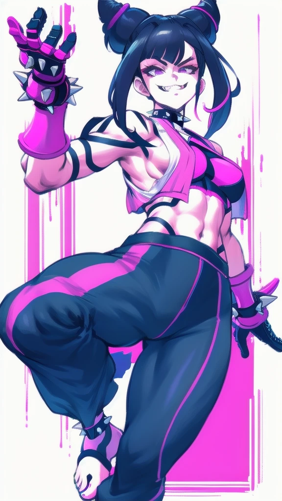 Full body image of Juri Han from Street Fighter 5, wearing her original outfit (black and purple clothes with spiked accents, barefoot with taped feet, and arm guards), short black hair styled in twin buns, female body, athletic and flexible body, dynamic pose, detailed pose, simple background, expressive face showing a mischievous grin, focus on face, line art, sketch