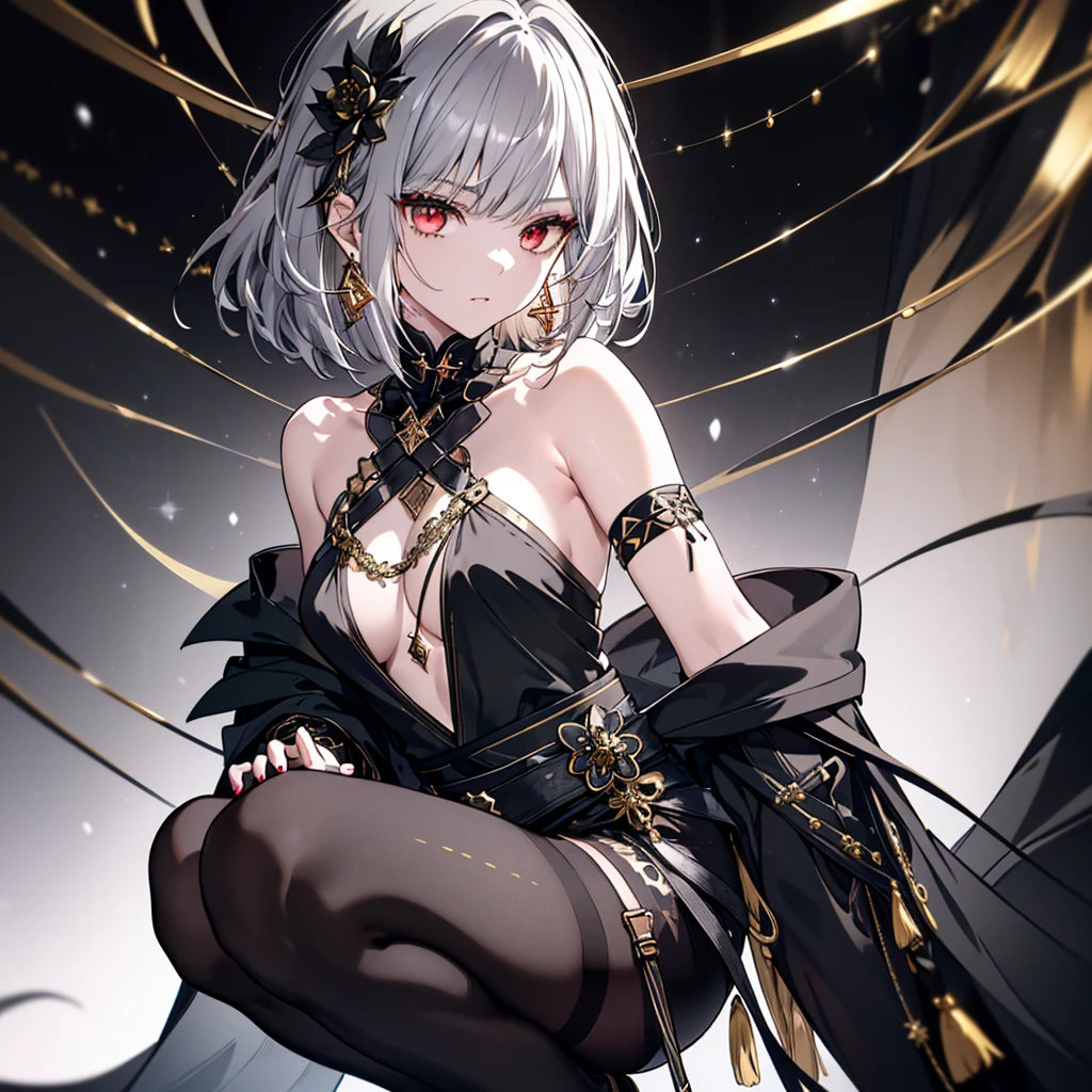 8k,High resolution RAW color art,Anime Art,Silver Marble Skin, (((Very detailed and cool))), Detailed skin, Bokeh、texture,(Exquisitely crafted, The finer details, Ultra-detailed art), (((1 girl))), Depth of written boundary, Silky Touch, Hyper Detail, (((Cool face))), eye shadow、Armed women, Beautiful detailed red eyes, Beautiful lip detail, Highly detailed face, Delicate depiction of hair and eyes, Detailed Fashion, Golden Earrings,Full body depiction, Black half top、(((Shoulder Bare)))、Black shorts、Waist Cloak、black tights、Golden decoration, Grey Hair, Golden bracelet, Straight Hair、Short Hair、(((Hair)))、Simple Background、(((Black theme)))、snow、Side view、squat、look down、cloth、Clear face
