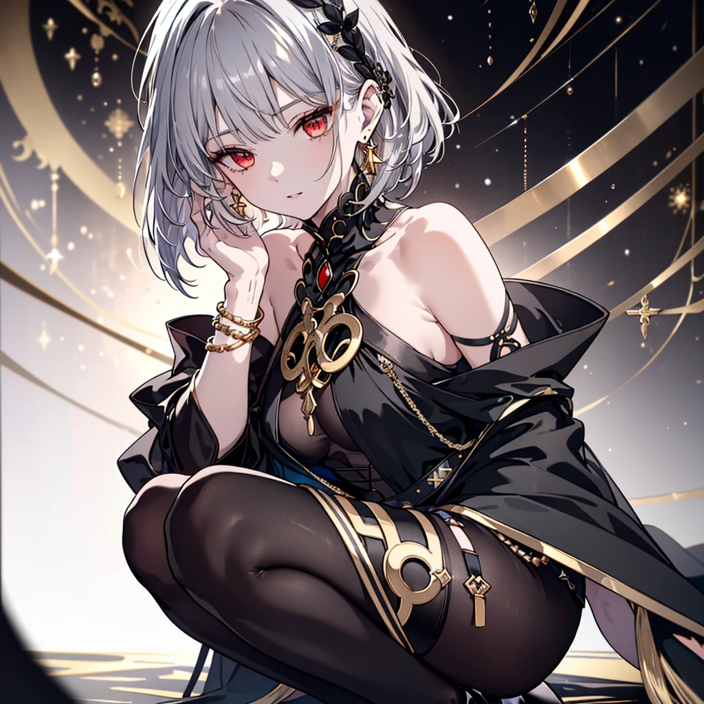 8k,High resolution RAW color art,Anime Art,Silver Marble Skin, (((Very detailed and cool))), Detailed skin, Bokeh、texture,(Exquisitely crafted, The finer details, Ultra-detailed art), (((1 girl))), Depth of written boundary, Silky Touch, Hyper Detail, (((Cool face))), eye shadow、Armed women, Beautiful detailed red eyes, Beautiful lip detail, Highly detailed face, Delicate depiction of hair and eyes, Detailed Fashion, Golden Earrings,Full body depiction, Black half top、(((Shoulder Bare)))、Black shorts、Waist Cloak、black tights、Golden decoration, Grey Hair, Golden bracelet, Straight Hair、Short Hair、(((Hair)))、Simple Background、(((Black theme)))、snow、Side view、squat、look down、cloth、Clear face