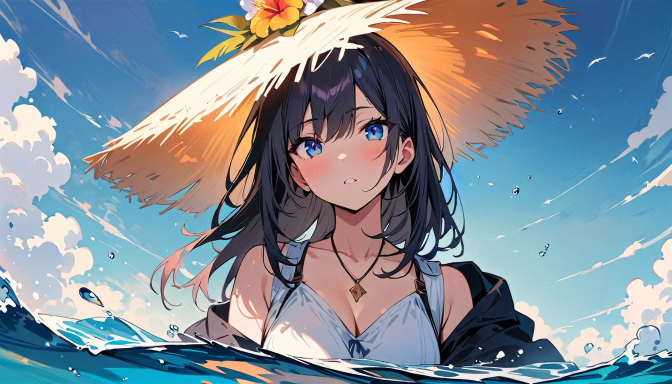 (masterpiece, Highest quality:1.2), 1 Girl, alone,Eyes open,Tropical atmosphere,Ocean,It's dusk
