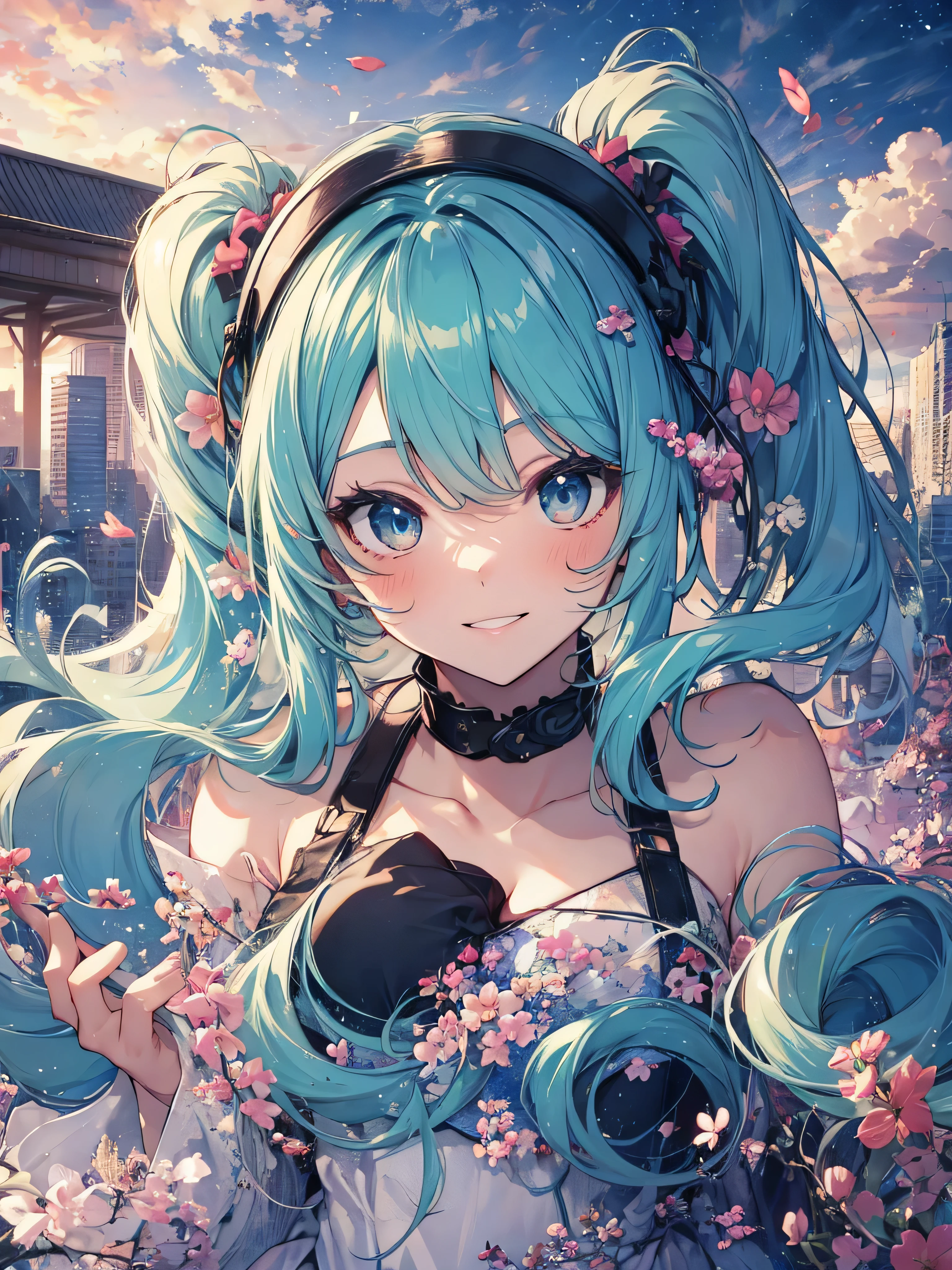 soles, masterpiece, Hatsune Miku, 1 person, solo, hair inhalation, face up, blue sky, glow white particle, (sidelighting:1.2), sun rise , pink cloud, detailed clouds, slender, Lovely small exposed breasts, super cute smile with teeth, red cheek, blushing, naughty face, beautiful green hair, magic light, deep shiny blue eyes, cute naughty girly pause, Draw your breasts inward and push them up, exposed breasts, cute nipple, choker, green tie, blue skirt , white belt, black long grove, put on pink and blue head gear, on the roof of building, super detailed beautiful city view background, wide shot, give wink, giving peace sign, singer