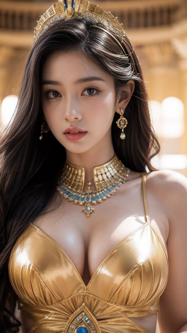 Create a highly detailed image of a young woman with a princess appearance. stand pose. wear Egyptian queen's clothes and Egyptian components integrated into her head and neck. Her skin shows a realistic texture with slight imperfections and freckles, giving her a lifelike appearance despite her Egptian enhancements. plumpy, cleavage. The background is slightly blurred, focusing attention on her expressive eyes and the detailed dessert, creating a blend of princess and egyptian in a visually stunning sci-fi scene. Dessert background
