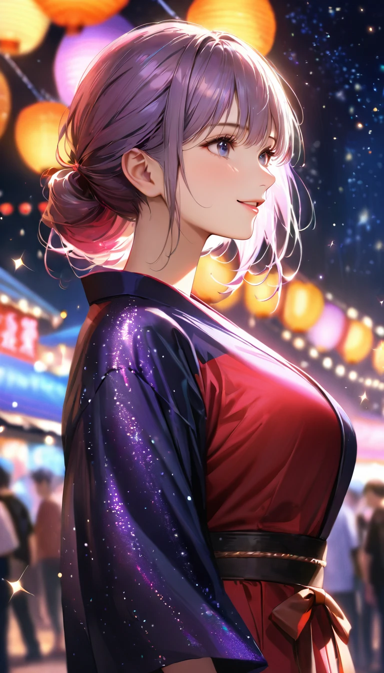 Young woman enjoying the summer festival,night, Starry Sky,yukata,Gazing at the sky,Blur the background,high school girl,smile,Glitter effect,Highest quality, 8k, High resolution, masterpiece:1.2, Very detailed, Realistic:1.37, High resolution, 超High resolution, Ultra-fine painting, Very detailed, Professional, Vibrant colors