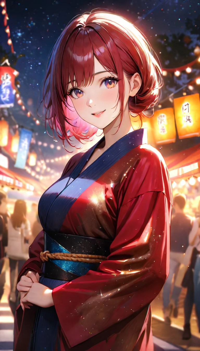 Young woman enjoying the summer festival,night, Starry Sky,yukata,Gazing at the sky,Blur the background,high school girl,smile,Glitter effect,Highest quality, 8k, High resolution, masterpiece:1.2, Very detailed, Realistic:1.37, High resolution, 超High resolution, Ultra-fine painting, Very detailed, Professional, Vibrant colors