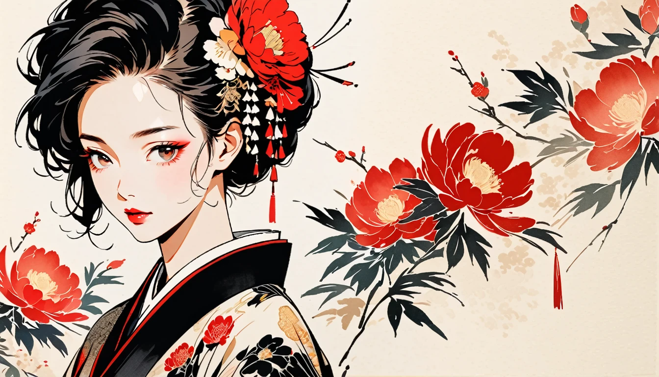 Fashion portrait color photos, Ink Painting, peony, TATOO, Beautiful Japanese Woman, Delicate and precise, Modern ukiyo-e style,