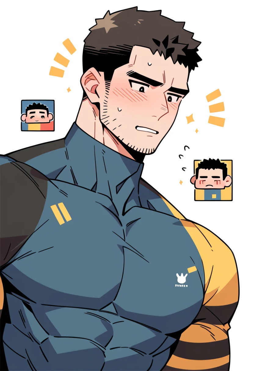 anime characters：Chris Redfield, Muscle Sports Student, Buzz Cut, Manliness, male focus, Yellow and black striped high collar long sleeve tights, Wear a black high-necked tights inside, Very tight, Regular symmetrical pattern, full and perky chest muscles, muscular male, muscular, only, Upper body, alone, Red short hair, Thick eyebrows, stubble, Brown-red pupils, White background, simple background, amazing quality, best aesthetics, Ridiculous, crew cut, parted lips, flustered, endured face, shy, blush, negative space, best quality