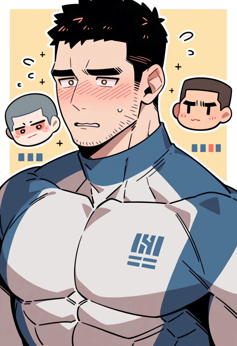 anime characters:Chris Redfield, Muscle Sports Student, Buzz Cut, Manliness, male focus, Yellow and black striped high collar long sleeve tights, Wear a black high-necked tights inside, Very tight, Regular symmetrical pattern, full and perky chest muscles, muscular male, muscular, only, Upper body, alone, Red short hair, Thick eyebrows, stubble, Brown-red pupils, White background, simple background, amazing quality, best aesthetics, Ridiculous, crew cut, parted lips, flustered, endured face, shy, blush, negative space, best quality