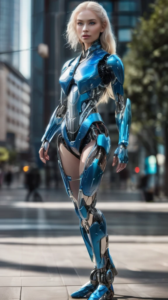 ```
Full-body female cyborg, 100% visible from head to toe, including feet.
16:9 aspect ratio, subject centered, occupying 75% of frame height.
Ample space above head and below feet, ensuring entire figure is shown.
Front-facing pose, eyes looking directly at viewer.
Natural standing position, arms relaxed at sides.
Feet clearly visible, planted firmly on the ground, shoulder-width apart.
Balanced blend of human and cybernetic features.
Facial expression conveying human emotion and warmth.
Slavic features: high cheekbones, clear blue eyes, fair skin.
Shoulder-length platinum blonde hair with subtle tech highlights.
Feminine body shape with elegant cybernetic enhancements.
Seamless integration of metal and synthetic skin across entire body.
Transparent panels on arms, legs, and torso revealing intricate inner workings.
Hands and feet in full view, showing delicate robotic articulation.
Legs fully extended, emphasizing full-length visibility.
Form-fitting outfit accentuating both human curves and tech elements.
Soft, pulsing blue energy lines tracing major body contours to the toes.
Simple, futuristic background not obscuring any part of the figure.
Even, warm lighting emphasizing both organic and synthetic features.
Composition prioritizing complete visibility from head to toe.
Human-like posture and body language despite technological additions.
Overall aesthetic: beautiful, advanced, and unmistakably human-cyborg hybrid.
```