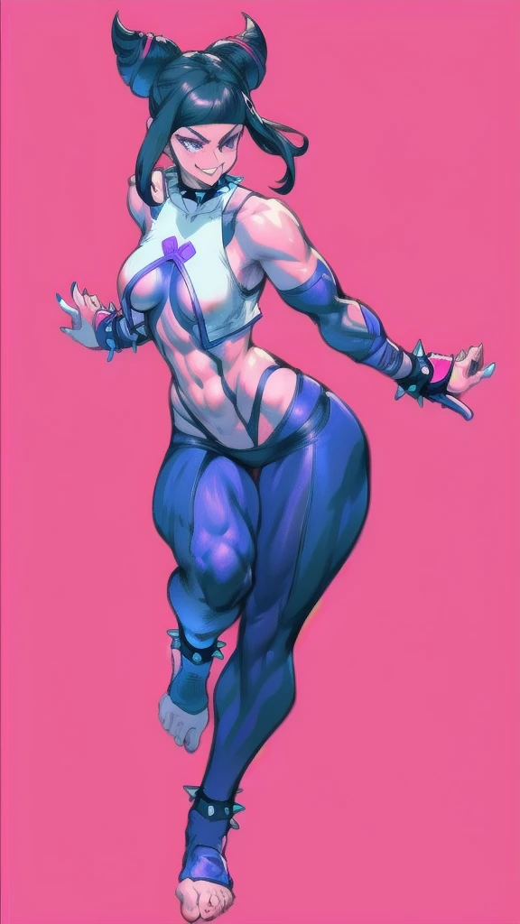 Full body image of Juri Han from Street Fighter 5, wearing her original outfit (black and purple clothes with spiked accents, barefoot with taped feet, and arm guards), short black hair styled in twin buns, female body, athletic and flexible body, dynamic pose, detailed pose, simple background, expressive face showing a mischievous grin, focus on face, line art, sketch