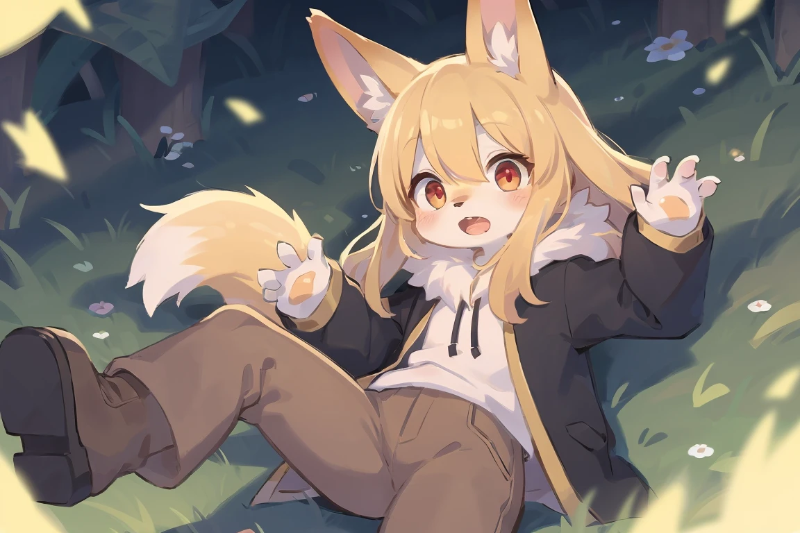 flat color, shota the fox, , was hairy, shaggy, skin fur, smooth lashes, golden fur, forelimb hands, straight long blonde hair, solid circle eyes, golden ears, golden fur, golden facial fur, shiny hair, red eyes, super cute face, 1fox tail, fluffy tail, furry tail, glowing eyes, green coat green hood down, brown trousers, open mouth, ambient light, ultra-fine fur, dashed eyes, masterpiece, high quality, high-details, best quality, (solo)