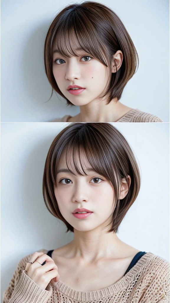 (highest quality、8k、32K、masterpiece、nffsw:1.2)、photo of cute japanese woman、Taken in front of a white wall、Photographed in natural light、Upper body、surface focus、long sleeve shirt、simple necklace、From above、mix 4、(8k、RAW photo、highest quality、masterpiece:1.2)、(realistic、Photoreal:1.37)、1 girl、photon mapping、Physically based rendering、excellent image quality、High resolution、1080p、(pretty face)、(Detailed facial description)、(Detailed explanation of handasseter muscle part)、(Detailed CG)、 extreme light and shadow、hair is dirty、masterpiece、Rich details、(exquisite features)、(best image quality)、(masterpiece)、(detailed eye)、looking forward to your eyes、delicate clavicle、various poses