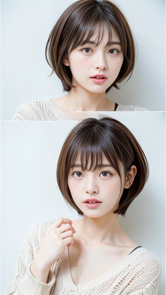 (highest quality、8k、32K、masterpiece、nffsw:1.2)、photo of cute japanese woman、Taken in front of a white wall、Photographed in natural light、Upper body、surface focus、long sleeve shirt、simple necklace、From above、mix 4、(8k、RAW photo、highest quality、masterpiece:1.2)、(realistic、Photoreal:1.37)、1 girl、photon mapping、Physically based rendering、excellent image quality、High resolution、1080p、(pretty face)、(Detailed facial description)、(Detailed explanation of handasseter muscle part)、(Detailed CG)、 extreme light and shadow、hair is dirty、masterpiece、Rich details、(exquisite features)、(best image quality)、(masterpiece)、(detailed eye)、looking forward to your eyes、delicate clavicle、various poses