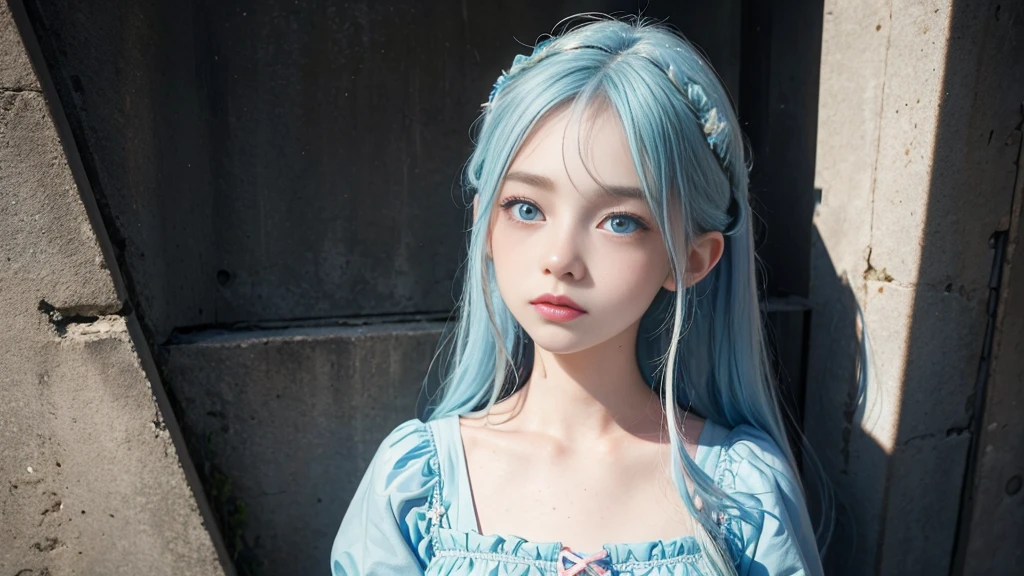 With a girl(solo)、photograph、Fantasy、(Loretta Lux:1.3)、pastel colour:、freckles、Surrealism:1.1、Low contrast:1.2、Ultra-detailed、8k、Perfect Blue Eyes、photograph:1.9,