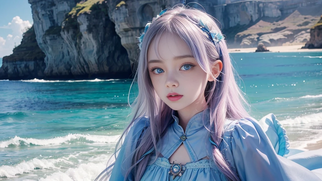 With a girl(solo)、photograph、Fantasy、(Loretta Lux:1.3)、pastel colour:、freckles、Surrealism:1.1、Low contrast:1.2、Ultra-detailed、8k、Perfect Blue Eyes、photograph:1.9,