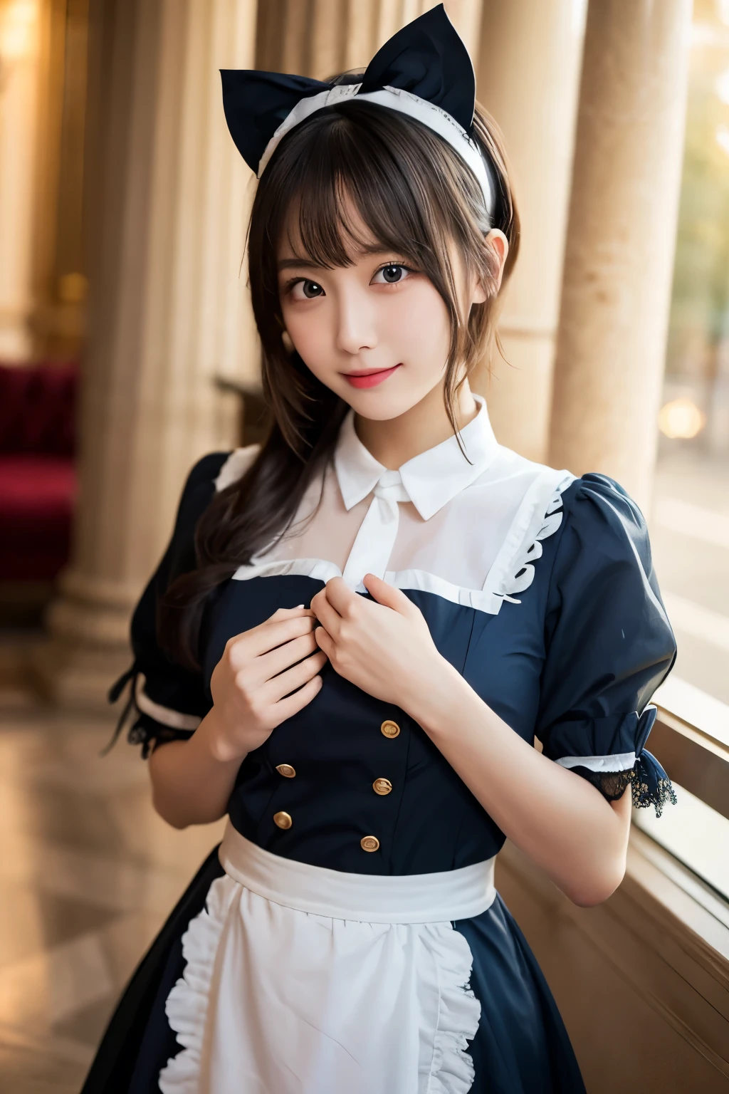 Detailed image of a young female character standing in a grand hall lined with marble columns。She has short, wavy blue hair、Has side fringe、Adorned with a white frilly headband and blue ribbon。Big blue eyes are kind、He has a slightly sad expression、There is a slight redness on the cheeks。She is wearing a classic maid outfit.、In a black puff sleeve dress、White apron with lace trim、And a blue ribbon on the neckline.。The apron has gold teardrop decorations.、It is secured by a thin gold chain。She is holding the skirt of her dress with one hand、It is lifted a little、Her other hand is delicately placed to touch the ribbon on her chest.。In the background there is a blurred white decorative building.、The soft, indirect lighting creates a calm and elegant atmosphere.。smile、Large Breasts、Large Breasts、Random sexy poses、