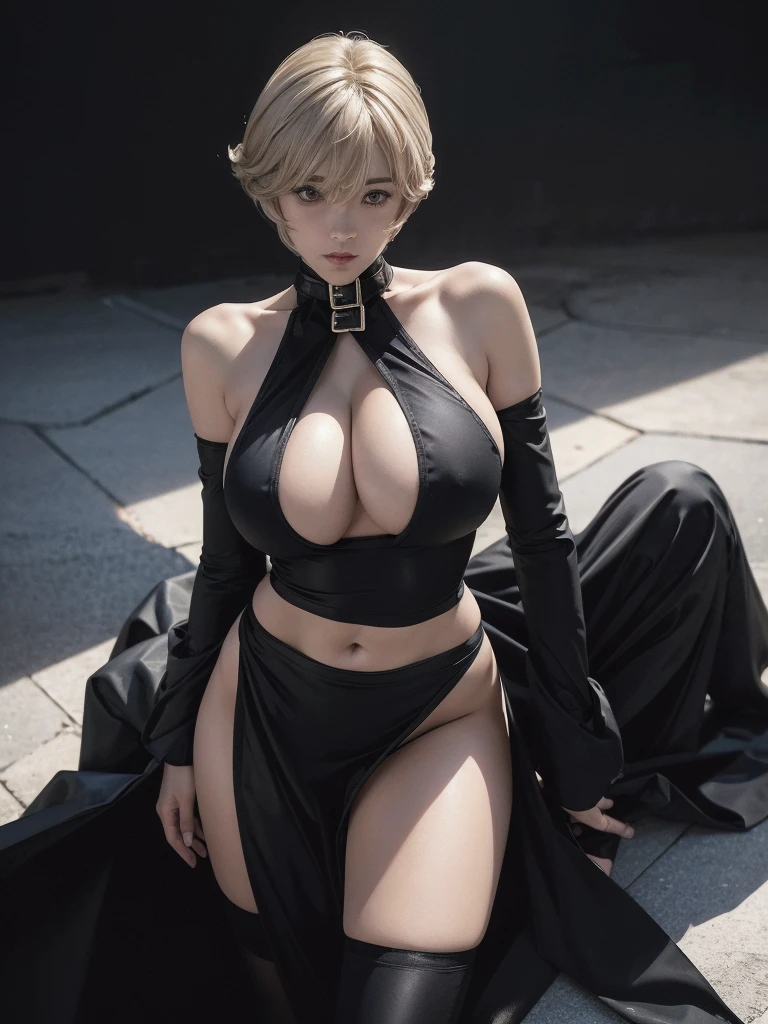 Very short hair, (masterpiece、Highest quality、Official Art), Neck up, View from the front, Looking at the audience:1.5, topless, Underless, White jacket:1.2, Black long boots, Black garter belt, (Black bondage suit:1.2), Black collar, Black choker, Glowing Skin, Realistic:1.9, Very detailed, Full Body Shot:1.2, Cleave, Belly button pussy, Expose the center of the body, High resolution, full color photos, High detail, Extremely realistic detail, Ultimate realistic texture, Ultimate in exquisite detail, Professional photos, Sexy portrait of a girl, Voluptuous bust, Tight waist, Cleavage, Trained abdominal muscles, Big Ass,Complete the whole body, Full body image, No underwear, Highest quality, ((background:city:1.4)), Suzune, Suzune's clothes