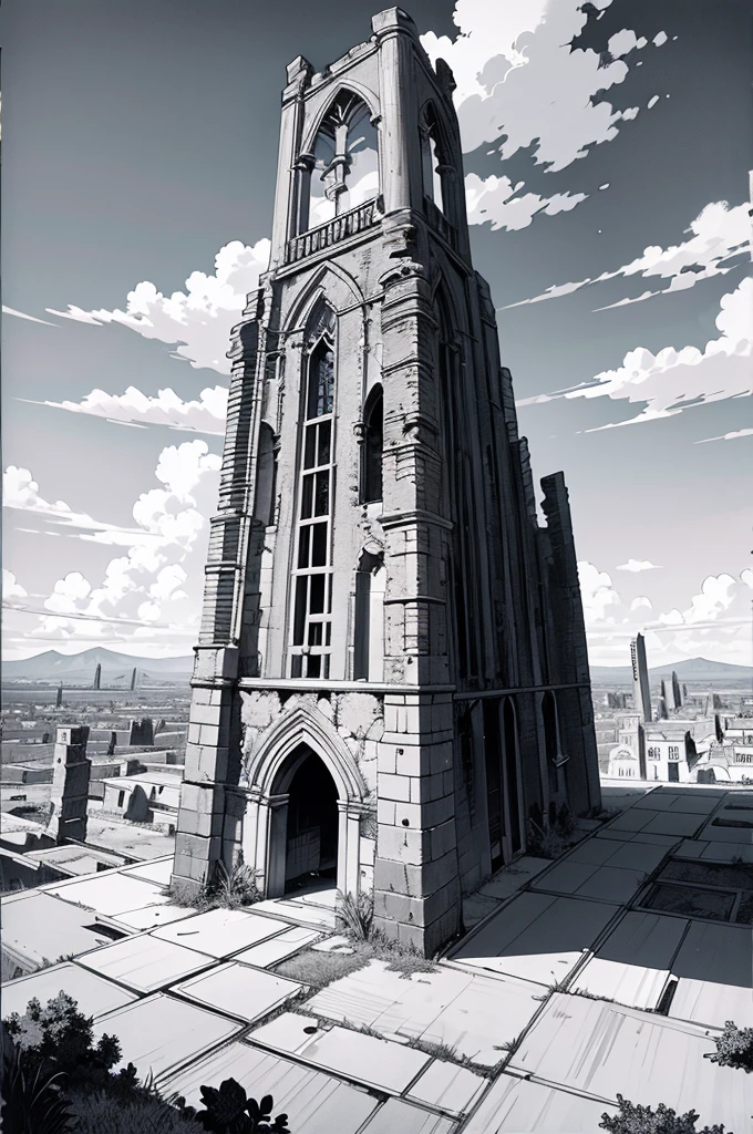 line-drawing, comic strip, monochromes, illustration, manga style, view of a vast plateau with the ruins of a medieval tower in the distance, manga landscape, masterpiece, Best Quality, Super Detail