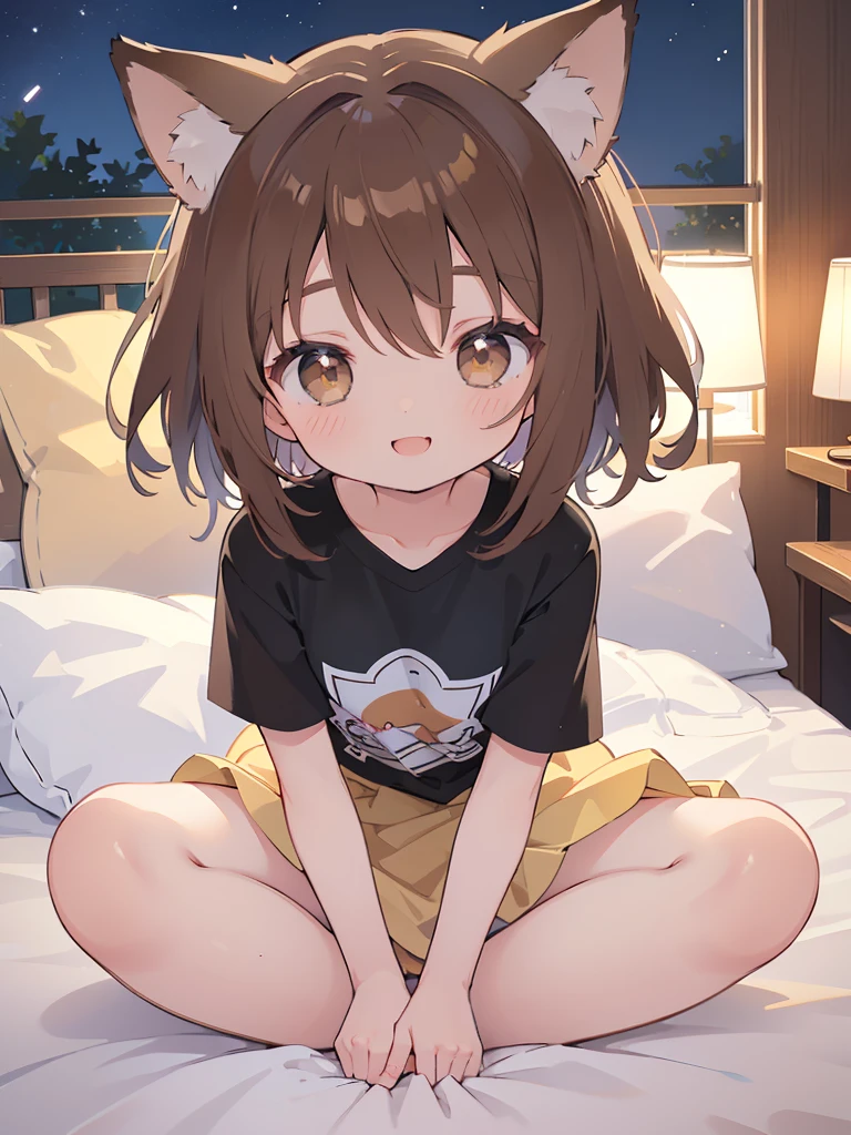 A cute  lowteen anime girl, short brown wavy hair, anime style, big shiny brown eyes, fox ears, 11 yeaer,night,on the bed,smile