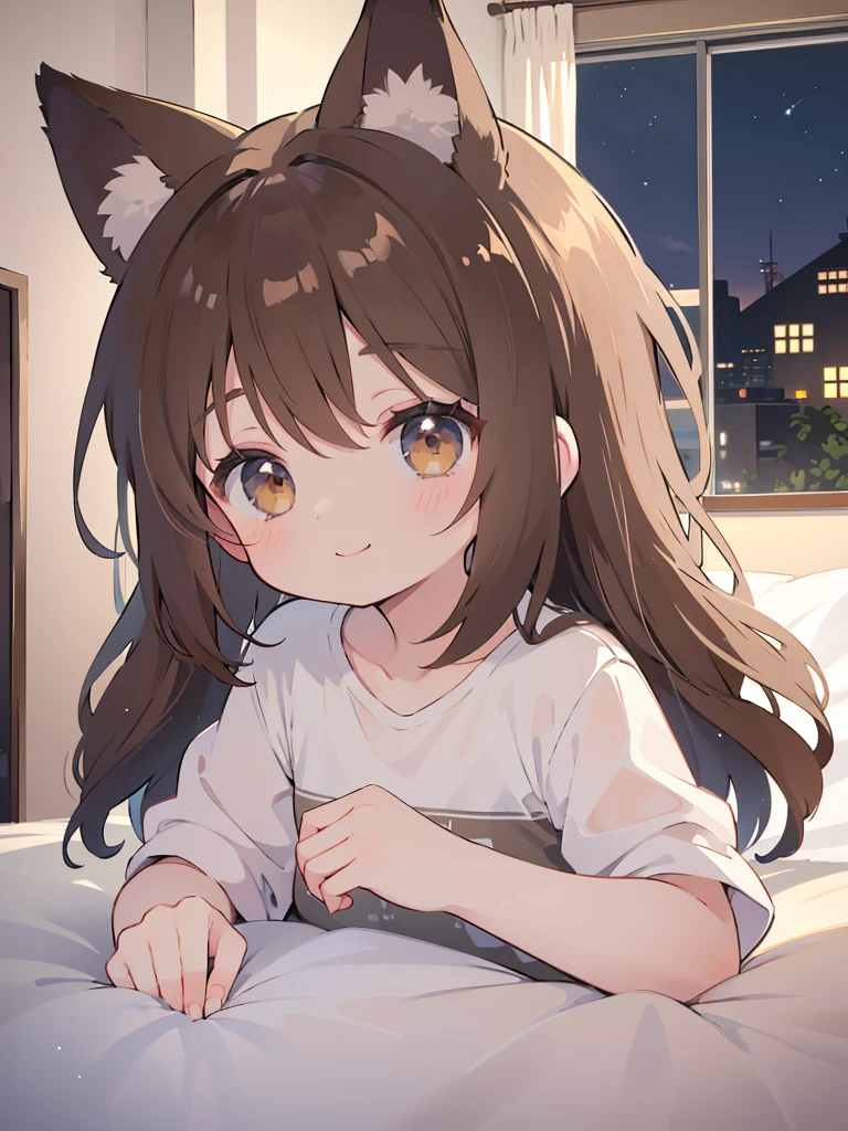 A cute little lowteen anime girl, short brown wavy hair, anime style, big shiny brown eyes, fox ears, 11 years old, summer,night,on the bed,smile
