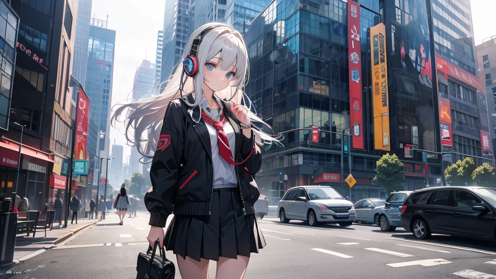 A high school girl wearing headphones in the city
