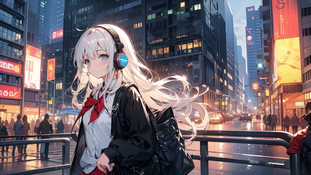 A high school girl wearing headphones in the city