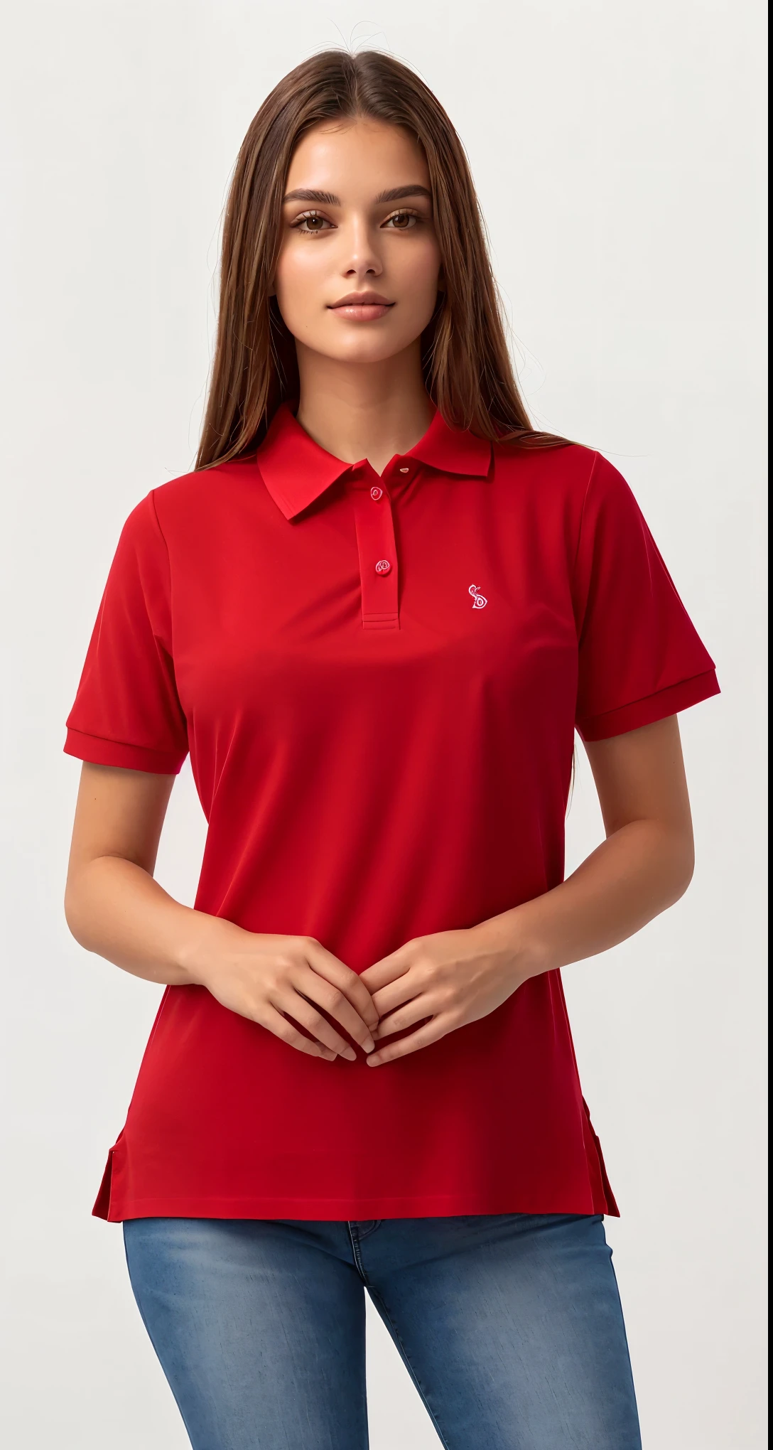 a woman in a vermelho shirt polo and jeans posing for a picture, vestindo camisa polo, manga curta, vermelho shirt, vermelho uniform, vermelho, vermelho t-shirt, only vermelho colour, wearing vermelho attire, collavermelho shirt, simples, wearing vermelho formal attire, wearing vermelho clothes, Carmesim, vermelho clothes, vermelho only, vermelho sport clothing, Escarlate, coral vermelho
