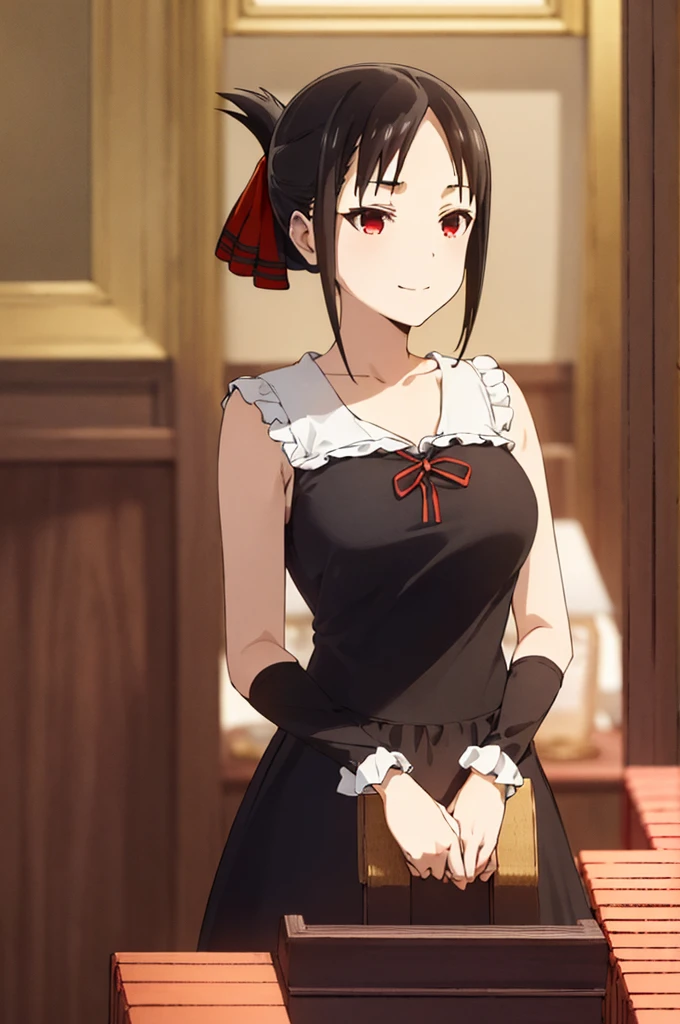 best quality, (masterpiece:1.2), detailed,
shinomiya kaguya,
1girl, solo, closed mouth, light smile,
black hair, red eyes, short hair, folded ponytail, hair ribbon, black top dress, red ribbon,
standing, looking at the viewer, huge breasts(1.5), preagnant (1.6) ((cum on face, upper body))