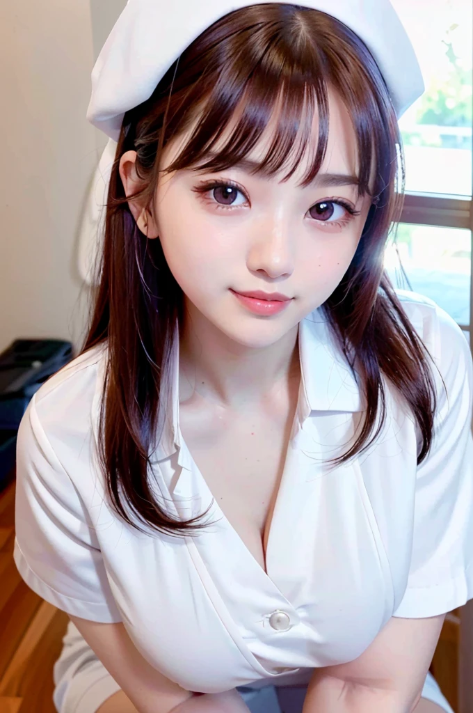 ((highest quality, 8K, masterpece :1.4)), highest real,Sharpness:1.3, Perfect Body Beauty:1.4,(pureerosface_v1:0.008), ((super real,best quality)),(soft lighting),super detailed face,top-quality,SUPER high resolution,Extraordinary beautiful girl,Detailed cute and beautiful face,facial hairs,Bangs that extend to the face,Bangs between the eyes,eye liner,Lush bust,fine eyes, double eyelid,((In-focus image,no blur)),,(((alone girl))),fine detail,highly detailed face and eyes, (cute face:1.6), my sister,18years old,(huge breasts:1.8,beautiful areola,small areola),(Realistic color expression,Realistic color usage)----((NSFW:1.53))----------((make eye contact with the audience)),((Composition from the avobe:1.2)),-----(Inside the hospital, bright room, Marble floors, white concrete walls,large windows, sunlight shines in),(Beautiful BROWN hair:1.2, long Hair:1.2,CUTE HAIR STYLE),-----(SMILE FACE:1.4),PAIZURI:1.5.(((long penis, breasts blowjob:1.2)), (( penis is between breasts:1.2)),((Close your breast with both hands))),------(Squatting:1.4,arched back:1.3,place both hands on breasts:1.2),((close up face:1.2,upper body:1.2)),-----((Real short nurse uniform:1.2, white nurse uniform:1.2, white nurse cap:1.2)