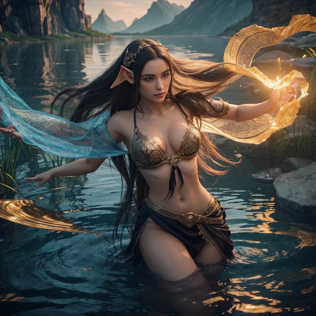 Abra digital master in 3D render by artist arwen. The image is represented by a seductive and feminine elf with seductive pose inside a lake or reservoir, the character is manipulating the water with his hands, It is a mystical and magical image. The image is a portrait in 8K high definition, It has intricate details giving a feeling of mysticism to the viewer..