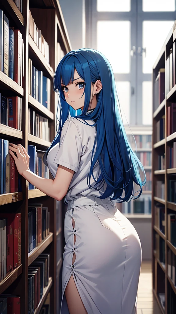Gal、Turn around、Angry、Blue Hair、Around 25 years old、Anime style illustrations、Inside the library