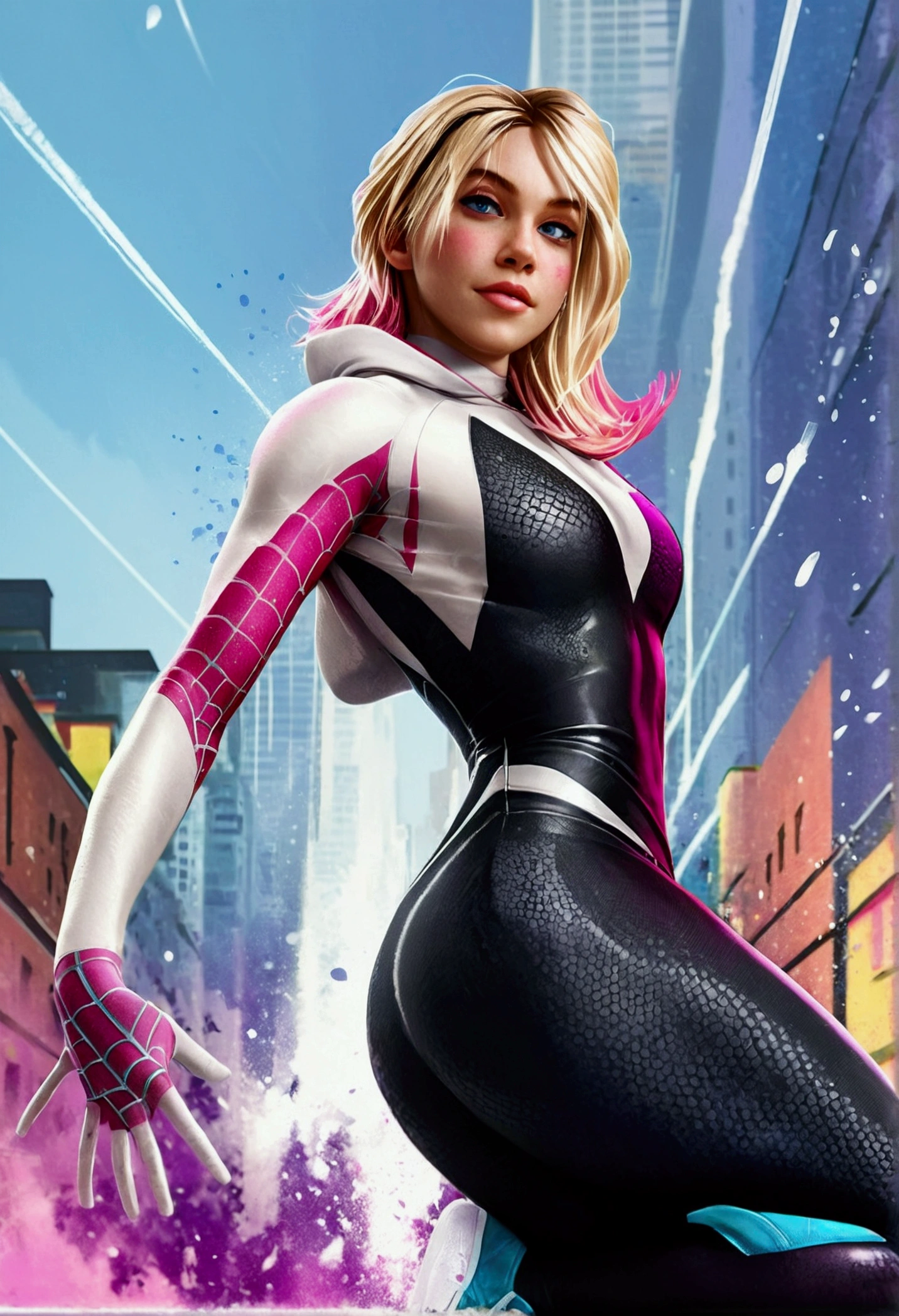 A realistic, spider-gwen, gwen stacy, hyperrealistic Spidergwen with athletic muscle, textured saturated white and black and pink trage, in the style of watercolor paint splats, (best quality,4k,8k,highres,masterpiece:1.2),ultra-detailed,(realistic,photorealistic,photo-realistic:1.37),professional,vivid colors,bokeh