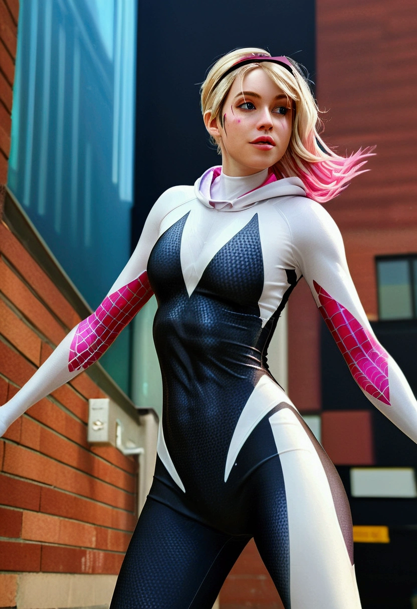 A realistic, spider-gwen, gwen stacy, hyperrealistic Spidergwen with athletic muscle, textured saturated white and black and pink trage, in the style of watercolor paint splats, (best quality,4k,8k,highres,masterpiece:1.2),ultra-detailed,(realistic,photorealistic,photo-realistic:1.37),professional,vivid colors,bokeh