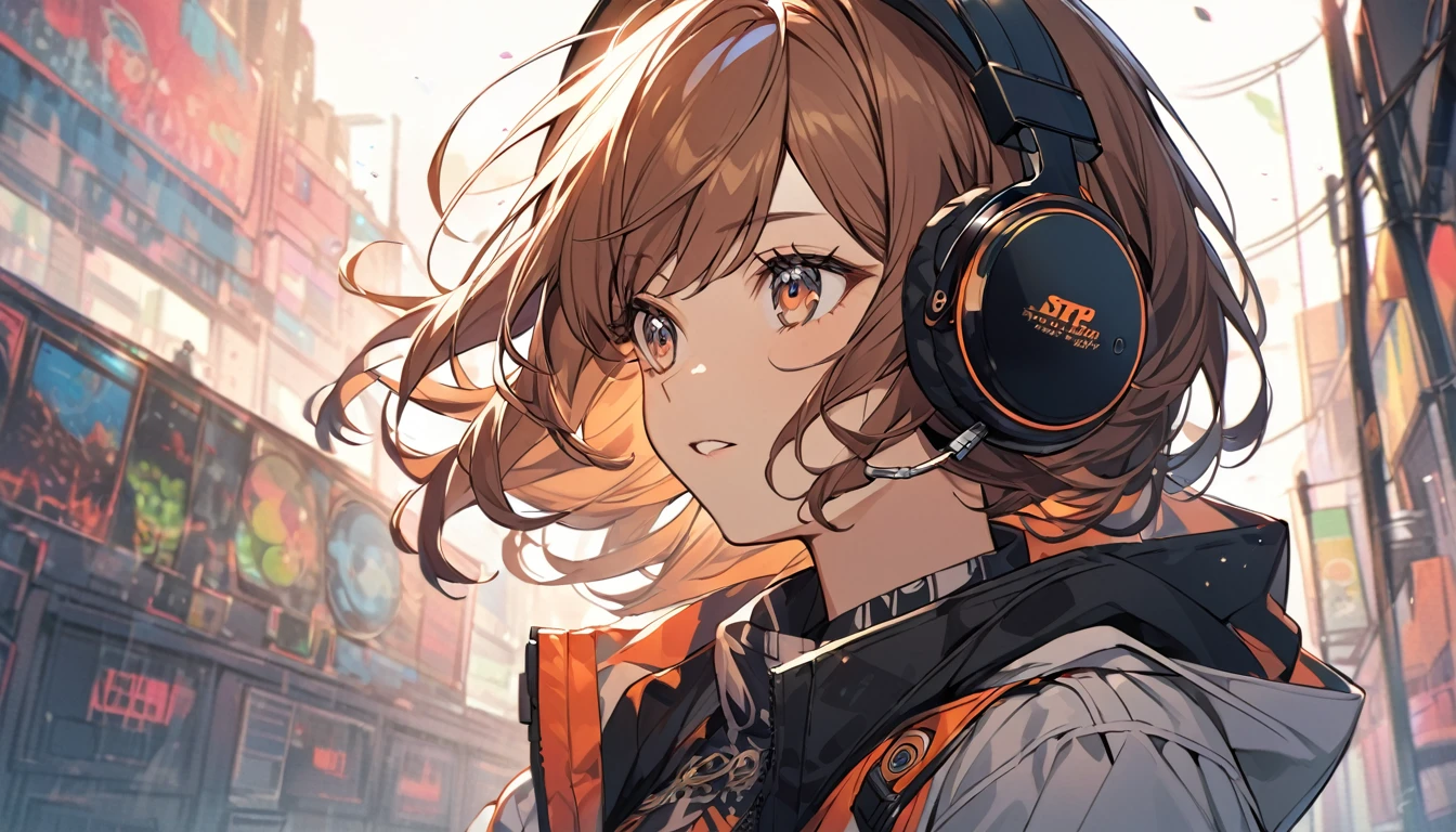 Girl wearing headphones,Brown Hair,1 person,bright,Detailed Background,The scene is up to you