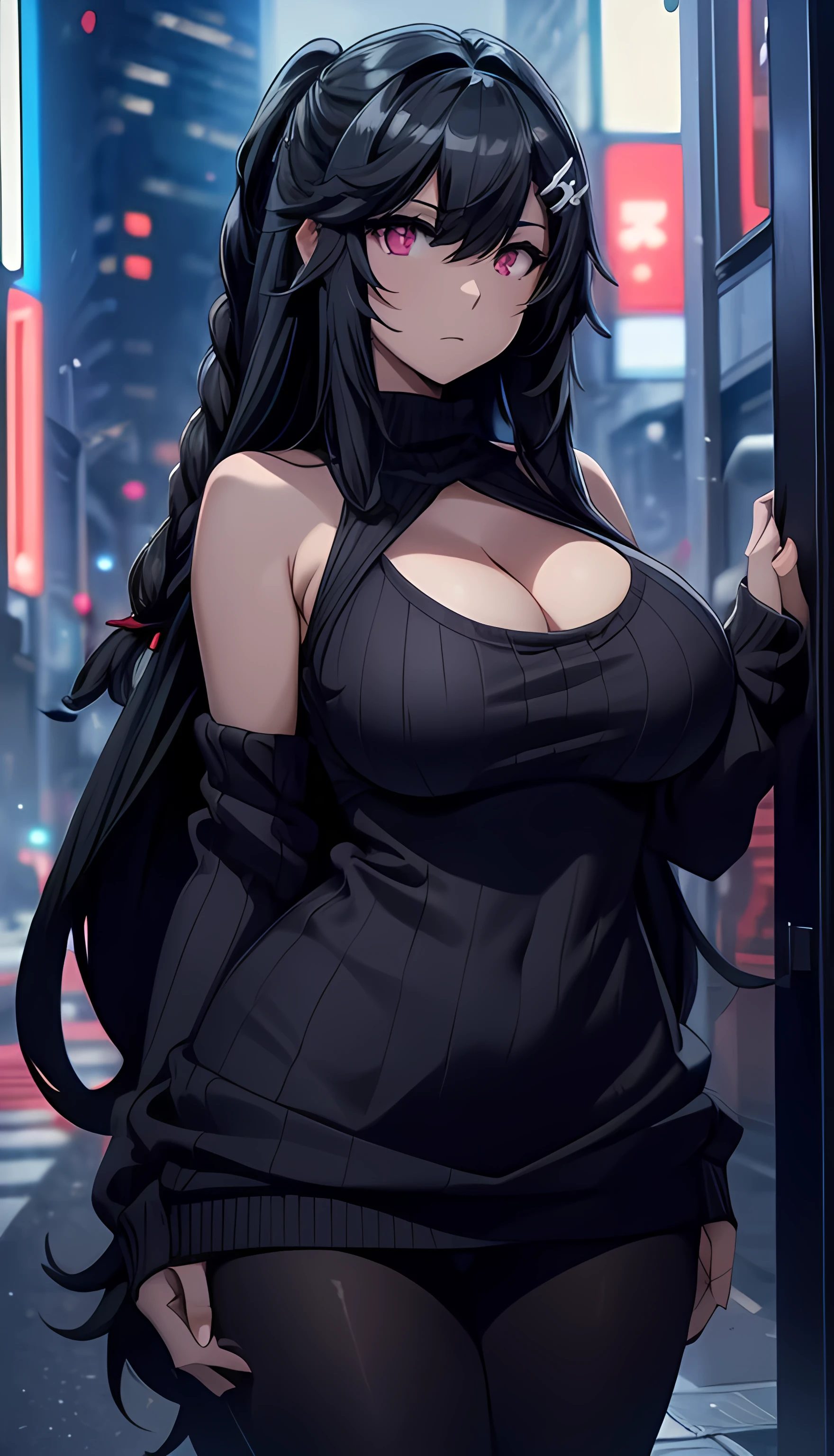 score_9, score_8_up, score_7_up, score_6_up, score_5_up, score_4_up, (8k, RAW photo, best quality, masterpiece:1.2), 1girl,hair ornament,black hair,long hair,hair flower,hairclip,red eyes,braid,bangs,hair between eyes,masterpiece, best quality, photorealistic, 1girl, solo, looking at viewer, long hair, breasts, curvy ,huge breast, sweater, loose sweater, collarbone, pantyhose, night, outside, cyberpunk, jewelry, cleavage, bare shoulders