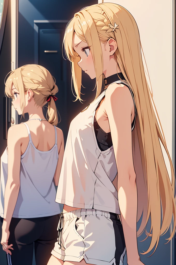Photo of a girl wearing white shorts and a black sleeveless tank top,Medium Bust, Blonde:2, Straight hair to the shoulders:1.2,　Forehead:1.2, profile:0.5、Photographed from the front、