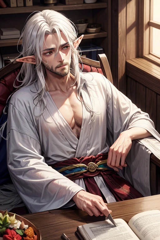 Half elf, sleepy eyes, Wise man, neck-length hair, messy hair, thin beard, drunkard, mediaval, Dress neatly, Wearing a shirt and robe, white hair, lazy face