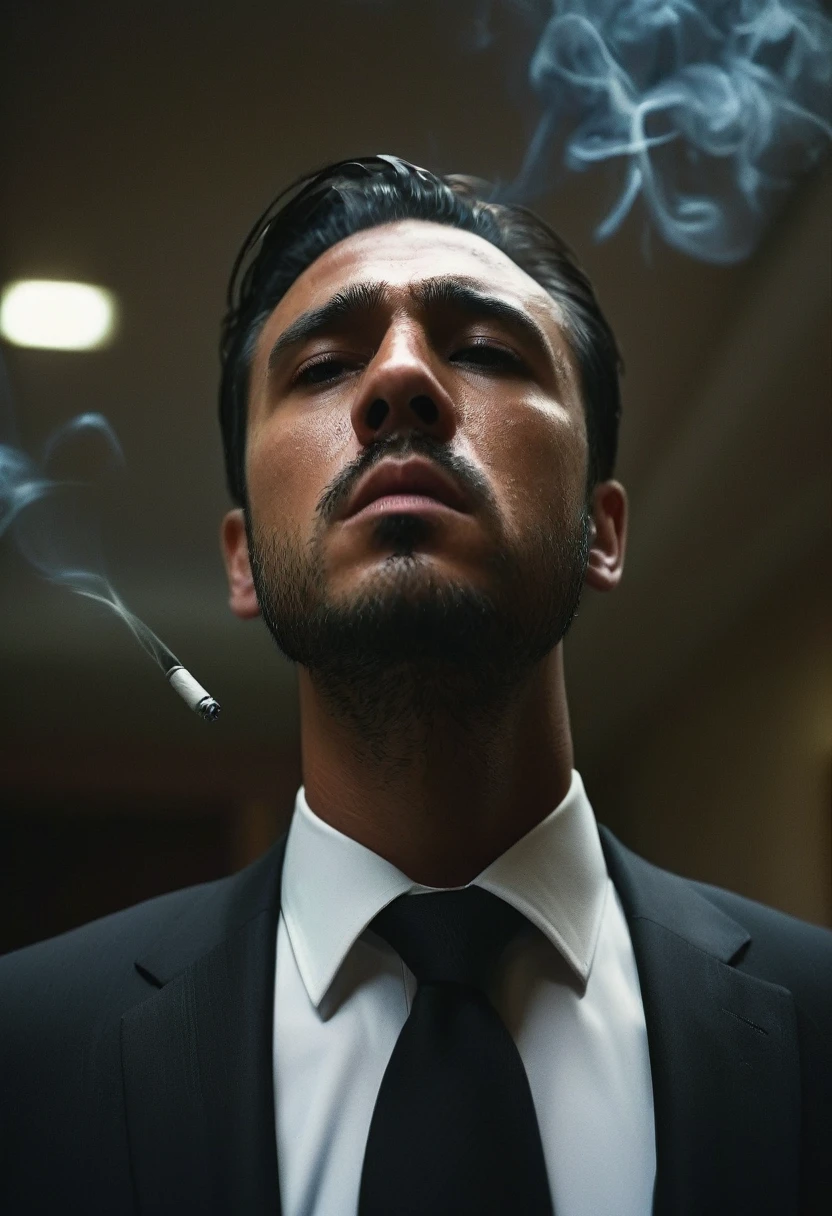 Cinematic, dark, hotel lobby, upper body photo, An extreme low angle shot photo taken from below of a man in black suit, white shirt, with loose black tie, smoking a cigarette, sweaty, caucasian, black hair, The man is looking down at something behind the viewer.
