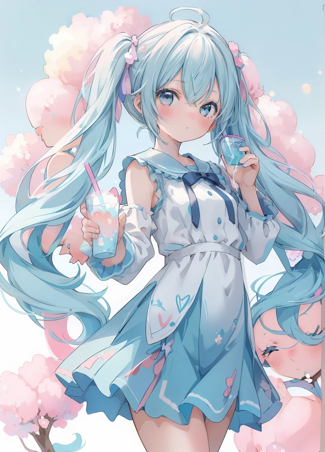 (masterpiece、Highest quality、Highest quality、Official Art、美しくbeautiful:1.2)、(One girl:1.3)Hatsune Miku、Twin tails,Beautiful breasts,1 Stickers, manual, (Stickers, One boy and one girl , Cute clothes, drink, Grieble, firework), watercolor, White Background, Simple Background, Minimum, beautiful, small, pastel colour, Vector style, No Gradient.
